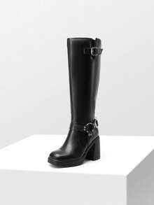 Botas altas de mujer con plataforma y tacón ancho, puntera cuadrada, cremallera lateral, correas ajustables con hebilla, decoración de moda, cómodas botas de motocicleta para mujer - Negro - Ver 6