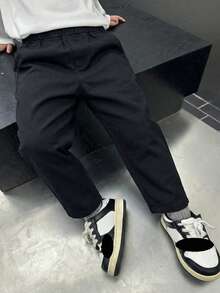 1pc Boys' Solid Color Casual Fashion Pocket Long Straight Cargo Pants, Suitable For 4-7 Years Old, All Season - Black - View 5