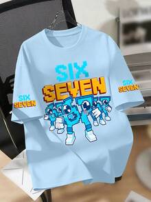 Camiseta de cuello redondo con estampado de número "67" y letra, de verano y divertida para adolescentes varones, nueva llegada - Celeste - Ver 1