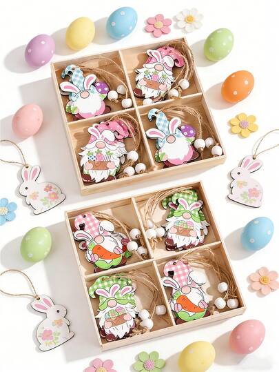 8 Piece Rustic Easter Bunny Wood Table Centerpiece, Farmhouse Wood Bunny Decoration Layered Tray, Vintage Easter Gifts, Seasonal Table Decor, Farmhouse Style, Handmade Decor, Tabletop Decor, Bunny Decor, Rustic Lovers, Holidays