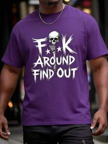 Men's "FK Around And Find Out" Graphic T-Shirt-Cotton Casual Tee With Skull & Stars Print, For Summer, Sports, Travel & Casual Attire Leisure Clothing - 紫色 - 查看 1