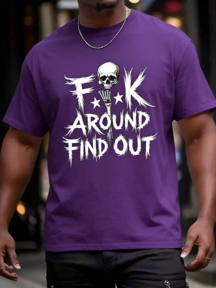 Men's "FK Around And Find Out" Graphic T-Shirt-Cotton Casual Tee With Skull & Stars Print, For Summer, Sports, Travel & Casual Attire Leisure Clothing - 紫色 - 查看 1