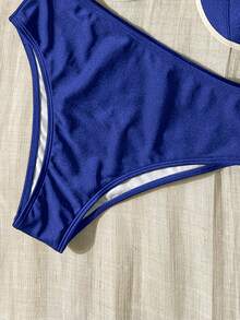 Bikinx 女士优雅度假贝壳杯撞色滚边细钢圈泳衣，夏季海滩 - 藍色 - 查看 6