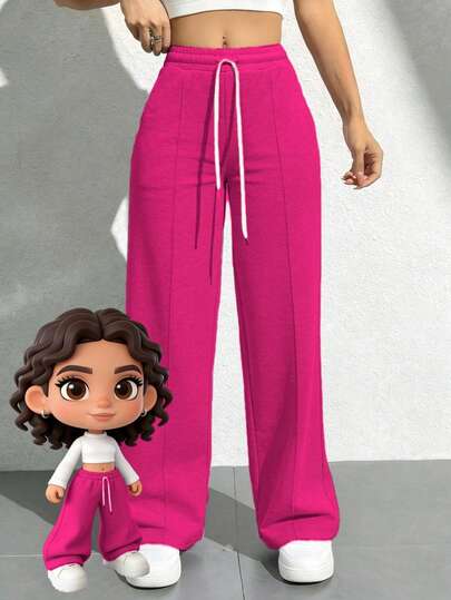 Pantalones de chándal de cintura alta de color sólido - Pantalones de yoga de pierna ancha y corte holgado con bolsillos laterales, adecuados para el uso diario en otoño, pantalones casuales holgados de unicolor y elegante y minimalista