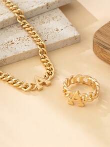 1 Set Women's Minimalist 26 English Letter Chain Pendant Bracelet & Ring Jewelry Set, Gift For Women Birthday - Yellow Gold - View 4