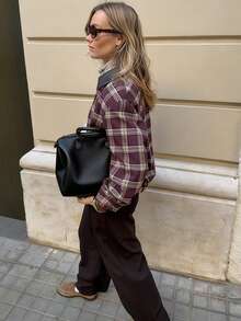 2026 时尚 Y2K 街头风女式红色格子宽松长袖外套，带拉链口袋，适合春夏穿着 - 彩色 - 查看 4