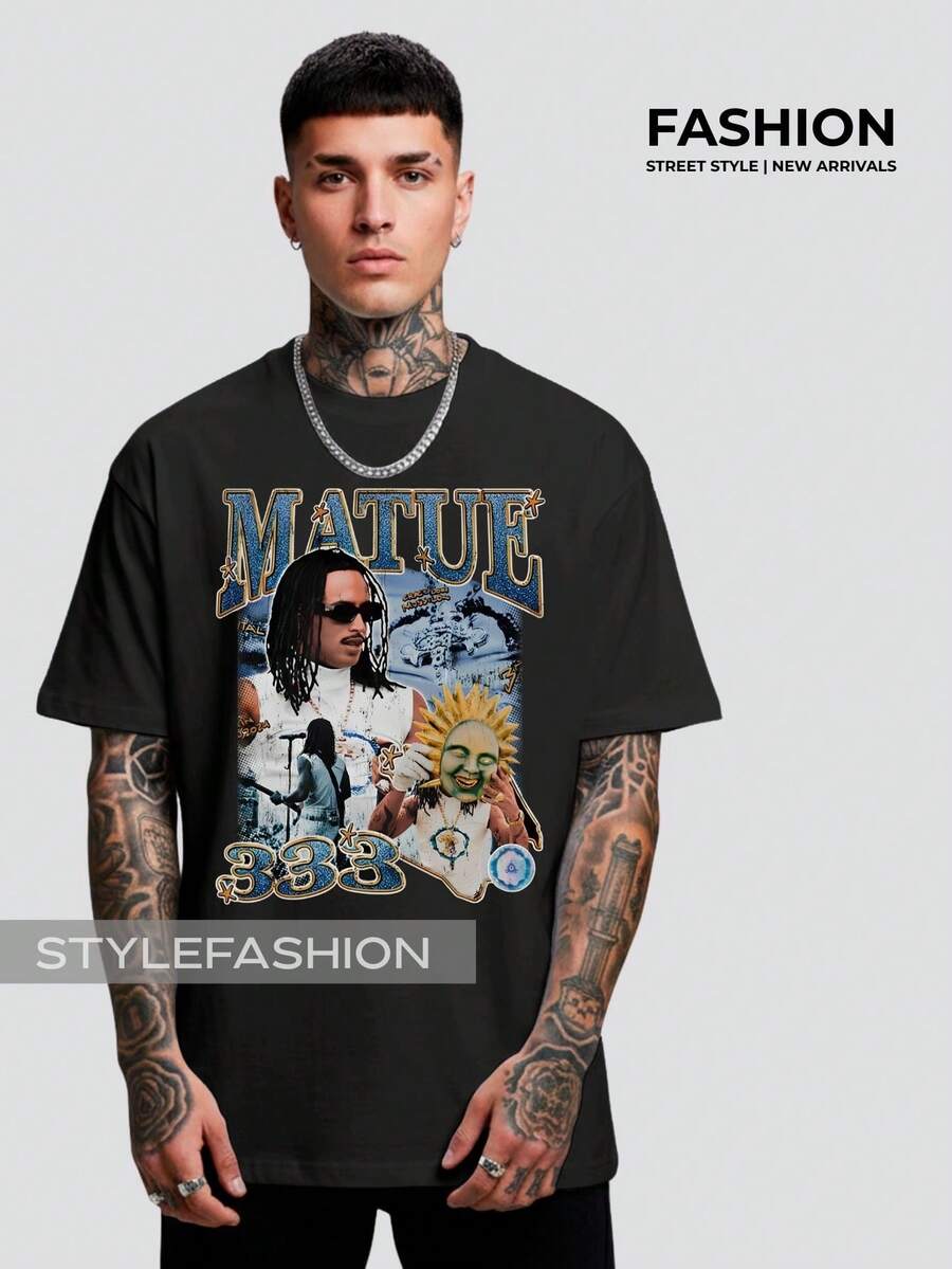 Streetwear T-Shirt Rapper Matuê Album 333 National Hip Hop Singer Light Years Tshirt Tuê Time Machine - 黑色 - 查看 1