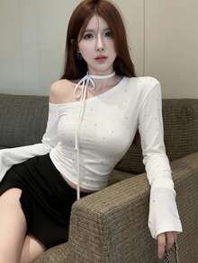 純色斜肩領長袖修身水鑽綁帶休閒女款T恤，春秋白色 - 白色 - 查看 5