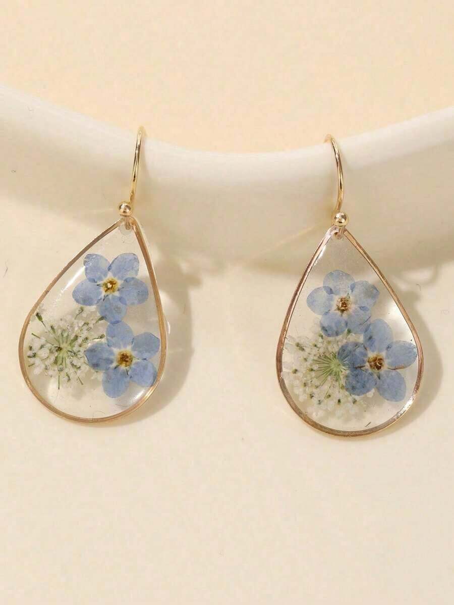 1pair Teardrop Shape Resin & Dried Flower Earrings With Glue Surface, Suitable For Women's Daily Wear,Natural Dried Flowers, Random Shapes And Colors Valentines,Mom,Mother,Mother's Day,Gift - 粉色 - 查看 1