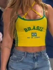 Cropped Top Brazil Women's – Virginia Inspiration | Premium Ribbed Knit | One Size Fits 36 To 42 - Vàng và Xanh lá - Xem 5