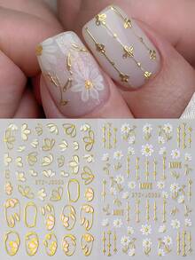 2片金色线条闪粉镂空花朵春季美甲贴纸闪亮盛开雏菊花瓣叶子美甲贴花婚礼美甲用品DIY节日美甲饰品装饰 - 彩色 - 查看 2