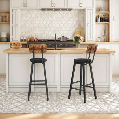 Bar Stools Set Of 2, PU Upholstered Bar Chairs With Backrest And Footrest, Counter Height Stools, Ergonomic Design, For Dining Room, Kitchen, Cafe, Rustic Brown And Black