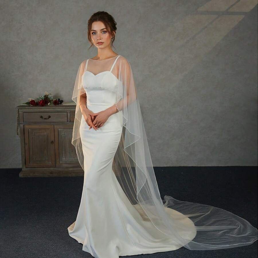 1件长款新娘披风，时尚女士连帽披风，精致珍珠饰边，婚礼派对活动配饰 - 彩色 - 查看 1