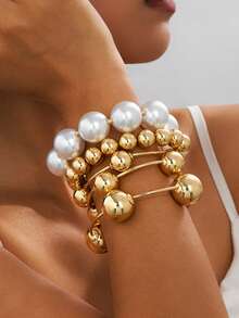 1/5 piezas Brazalete elástico exagerado vintage de oro/perla macizo, accesorio de playa para mujer adecuado para citas, sesiones de moda, vacaciones, joyería decorativa de encanto como regalo - Amarillo Oro - Ver 11