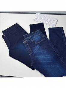 Set Of 2 Men's Slim Fit Dark Blue Jeans With Elastane – Comfortable Men's Fashion - escuro/escuro - 查看 4