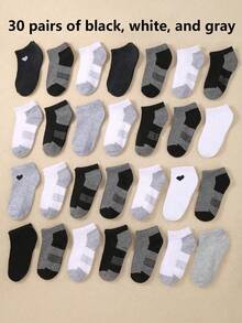 30双装男女童撞色中筒袜 - 时尚休闲运动袜，适合男孩女孩 - 黑色、白色、灰色儿童袜 - 适合上学、运动和日常玩耍 - 彩色 - 查看 16