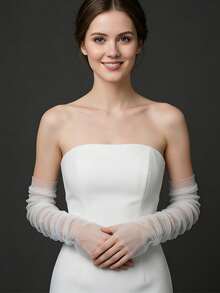 精致薄纱新娘手套，搭配柔软薄纱袖子。纯净优雅，是婚礼和正式场合的理想之选。女士秋季服饰。 - 白色 - 查看 2