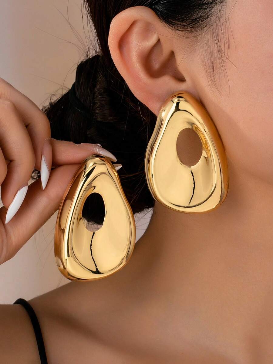 1 Đôi bông tai vàng dáng rộng, bất đối xứng, khoét rỗng, dành cho nữ - Bông tai hình giọt nước bằng vàng - Xem 1