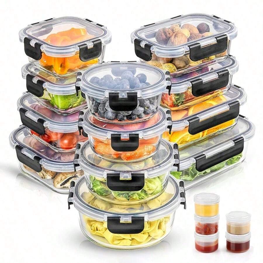 TAIMASI 24pcs Glass Storage Containers With Lids | Leak Proof Airtight Bento Boxes(12 Containers 12 Lids) For Microwave, Oven, Freezer, And Dishwasher |Clip-On Closure, Microwave Sa-Fe, Perfect Holiday Gift For Family And Friends.Black - màu đen - Xem 1