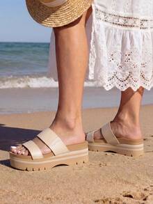 Women Vacation 1.96-Inch Platform Slides Sandals Deep Heel Cup Comfortable Arch Support Footbed Two Strap EVA Sole Beach Fashion Wedge Sandals Slippers Shoes - 米色 - 查看 3