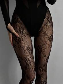 1 Paar Damen Blumen Spitzen Strumpfhose/Strümpfe, Netzstrümpfe, hohe Taille figurformend, Große Größen, geeignet für verschiedene Anlässe - Schwarz - Übersicht 2