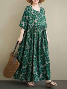 AZAH Plus Size Green Floral Print Long Dress, Round Neck Batwing Short Sleeve Woven A-Line Skirt With Pockets, Casual Bohemian Beach Dress, 2026 New Summer Dress For Women Elegant - Green - View 2