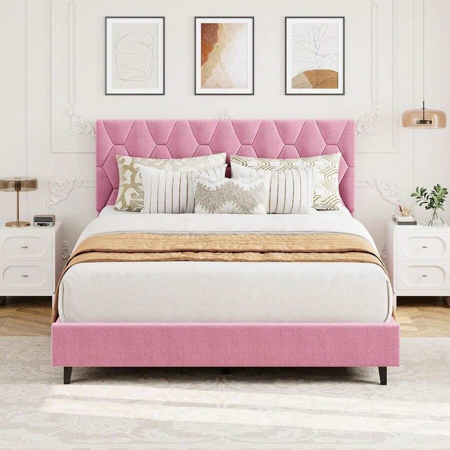Base de Cama con Cabecero Tapizado, Estructura de Plataforma Resistente con Lamas de Madera Reforzadas, No Necesita Somier, Sin Ruido, Fácil Montaje - Rosa - Reina - Ver 1