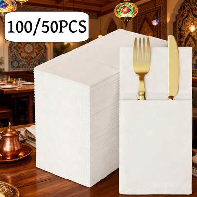 (50/100 Sheets) White Linen-Textured Napkins Set With Cutlery Holder Bag, Highly Absorbent, Elegant Table Setting For Camping, Patio, Wedding, Hotel, Restaurant, Bar, Party And Special Occasions. Exquisite Cutlery Storage Design, Also Suitable For Ramadan Gifts, Home Decor, Art, Textiles, Diffusers, Kitchen Supplies, Gifts And Souvenirs.