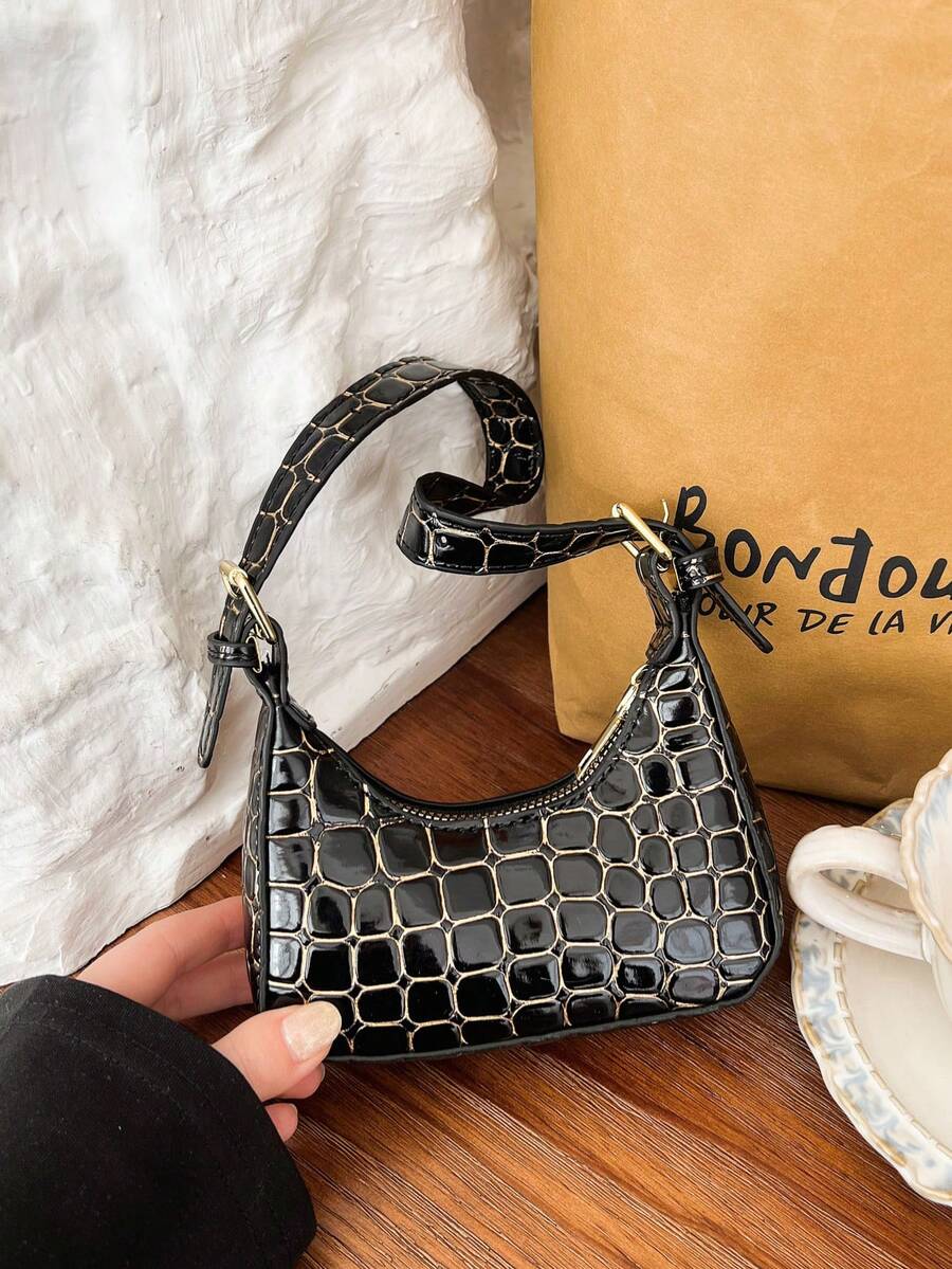 Bolso de mano de mujer con cierre de cremallera y textura de piedra de unicolor, estilo coreano de moda, versátil, ligero y multifuncional, mini bolso de tote adecuado para el uso diario, viajes, regreso a la escuela y vida universitaria de las mujeres - Negro - Ver 1