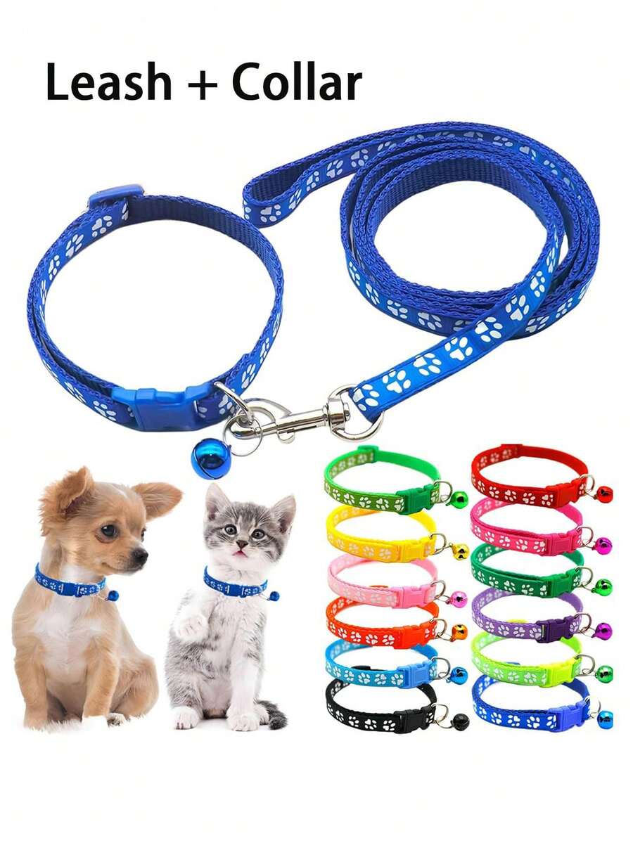 1 Set Of Dog Paw Print Collar With Bells Set And Leash, Equipped With Adjustable Buckle, Fashionable And Collar, Suitable For Small Dogs And Cats, With Multiple Colors To Choose From