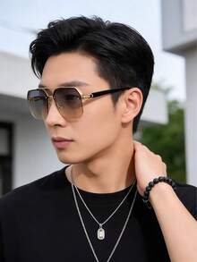 一副男士方形双梁飞行员太阳镜，高品质金属镜框，时尚个性，适合日常、度假、旅行佩戴。 - 灰茶色 - 查看 4