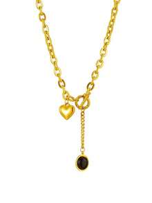 Gold Chain Necklace With Heart & Gemstone Pendant - Elegant Clasp Style Fashion Jewelry Suitable For Young Women (No Gift Box) - one-size - View 3