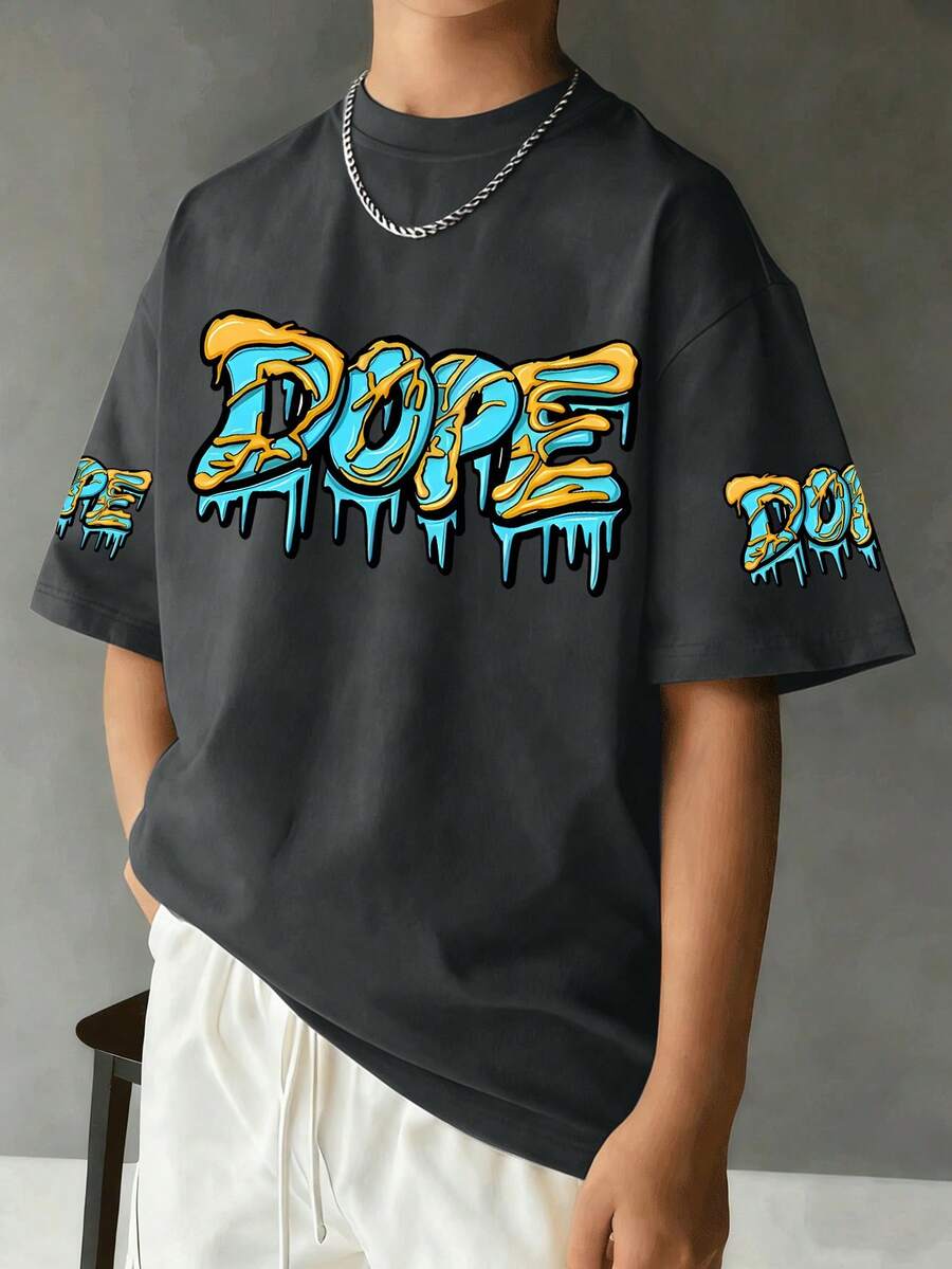 青少年男童“DOPE”字母印花圆领短袖T恤，新款春夏童装 - 深灰色 - 查看 1