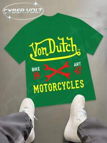 DUTCH Manfinity Y2K Style  Print (180g Pure Cotton T-Shirt) Cotton T-Shirt - Soft And Breathable, Green Print 100% Pure Cotton Fabric - Comfortable And Vibrant Summer Streetwear Short-Sleeved T-Shirt, Cool Motorcycle Design, Vintage Summer Men's Everyday Wear T-Shirt - màu xanh lá - Xem 1