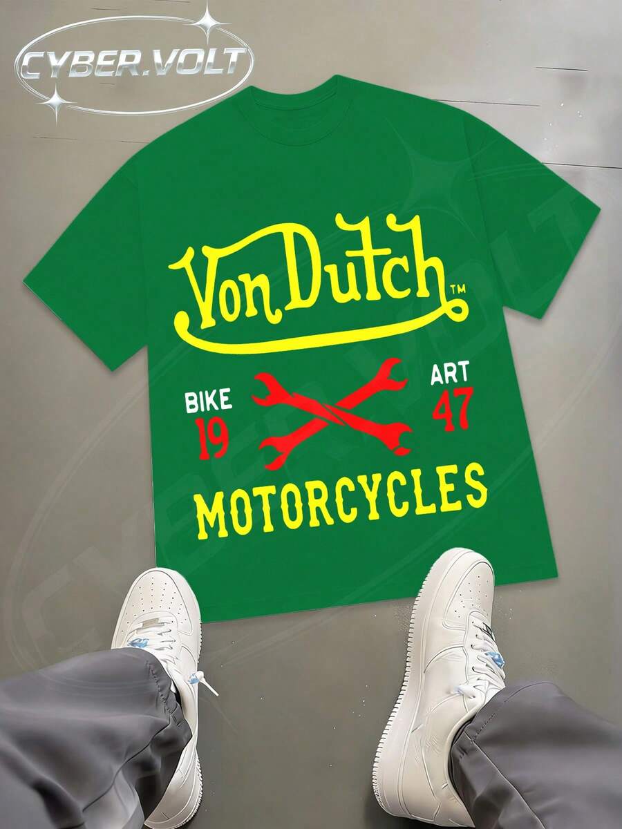 DUTCH Manfinity Y2K Style  Print (180g Pure Cotton T-Shirt) Cotton T-Shirt - Soft And Breathable, Green Print 100% Pure Cotton Fabric - Comfortable And Vibrant Summer Streetwear Short-Sleeved T-Shirt, Cool Motorcycle Design, Vintage Summer Men's Everyday Wear T-Shirt - màu xanh lá - Xem 1