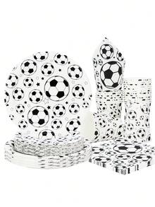 10pcs/50pcs/80pcs Football Theme Disposable Paper Plates, Cups, Napkins Party Supplies Tableware Set, Suitable For Football Theme Birthday Party, Sports Theme Event, Football Enthusiast Gathering, Etc. - Black and White - View 1