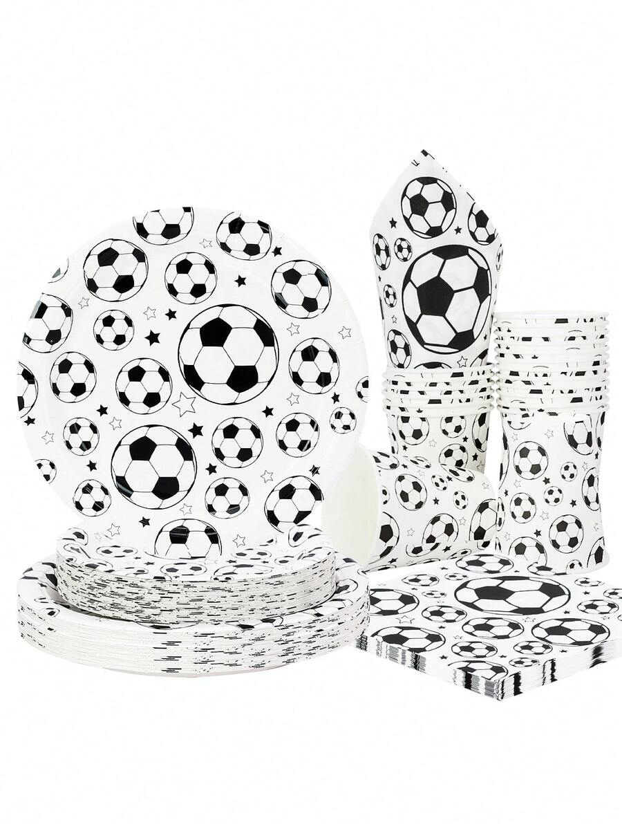 10pcs/50pcs/80pcs Football Theme Disposable Paper Plates, Cups, Napkins Party Supplies Tableware Set, Suitable For Football Theme Birthday Party, Sports Theme Event, Football Enthusiast Gathering, Etc. - Black and White - View 1