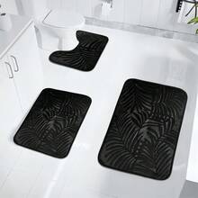 1片/3片装清新黑叶压花海绵高回弹吸水防滑浴室地垫，单片装或3片装，浴室装饰垫 - 黑色樹葉 - 查看 12