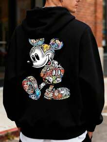 Mickey Mouse Pattern Men's Hooded Sweatshirt, Casual Loose Pullover, Comfortable And Soft Men's Sweatshirt, Disney's Birthday Gifts, Travel Clothes, Playful Design, Comfortable Fabrics, Fan Clothes, Movie Lovers, Home Clothes, Durable Materials, Printed Jerseys, Men's. - màu đen - Xem 3