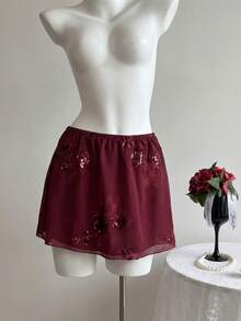 Elegant Women Summer Mini Skirts Sequin Flower Embroidery Elasticized Waistband Low Waist Vintage Romantic Fashion Casual A-Line Skirt Rave Music Festival Country Concert Going Out Party Outfits Spring - Burgundy - View 6