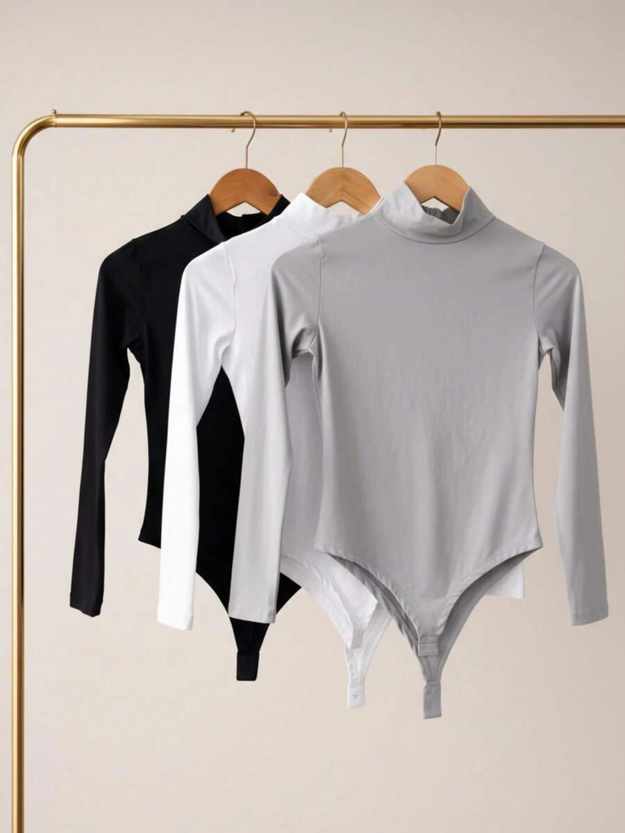 Women's Bodysuit Kit, High Neck, Long Sleeve, Second Skin, Basic, Versatile, Fashion Blogger Style, - 灰-黑-白 - 查看 1