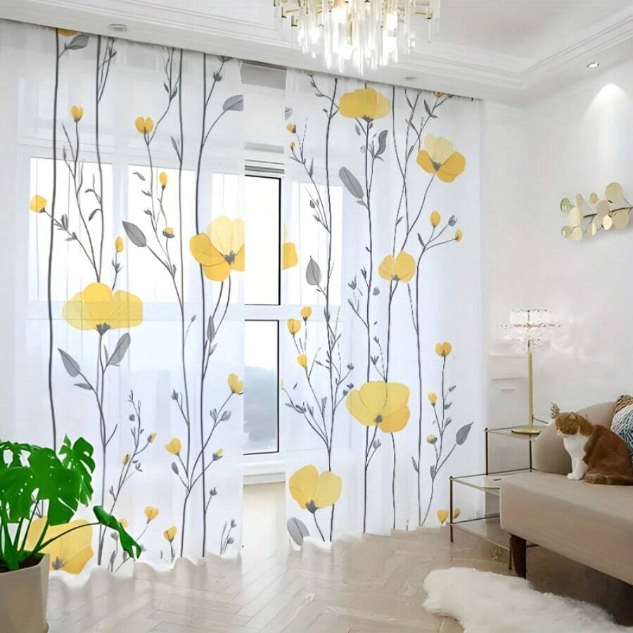 2 pièces Rideaux de tulle à fleurs jaunes aquarelle, avec des fleurs jaunes et des feuilles grises imprimées sur un fond blanc semi-transparent. Le tissu transparent en fait un choix idéal pour le salon ou la chambre à coucher. La conception avec passant ajoute une touche décorative fraîche et naturelle. - Multicolore - Voir 1