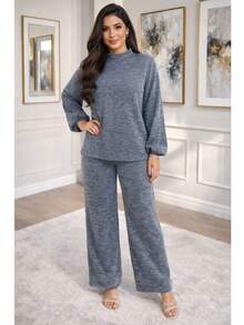 Women's Set: Long-Sleeved High-Neck Blouse And High-Waisted Wide-Leg Pants In Knit Fabric, Winter/Cold Weather Knit, Suitable For Holidays. - 淺灰色 - 查看 7