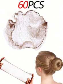 60pcs Brown Elastic Hair Nets, Women Invisible Hair Nets Wig Caps, Suitable For Catering Service, Ballet Buns, Sleeping, Flight Attendants, Nurses, Fine Mesh Bun Cover Snood - Brown - View 1