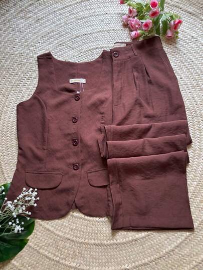 Conjunto de colete e calça decido marrante linho