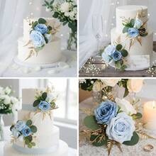 3Pcs Pre-Made Cake Toppers Flowers Cake Decorations Wedding Cake Decorating Flowers Decor Christening Birthday Baptism Baby Shower Party Cake Topper Flower Arrangements - 藍色 - 查看 2