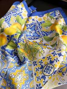 1pc French Citrus Lemon Print Lightweight Scarf, Women's Silk-Like Square Headscarf Shawl Beach, Street, Daily, Vacation, Decorative Ribbon - FG158-3 藍色 - 查看 6