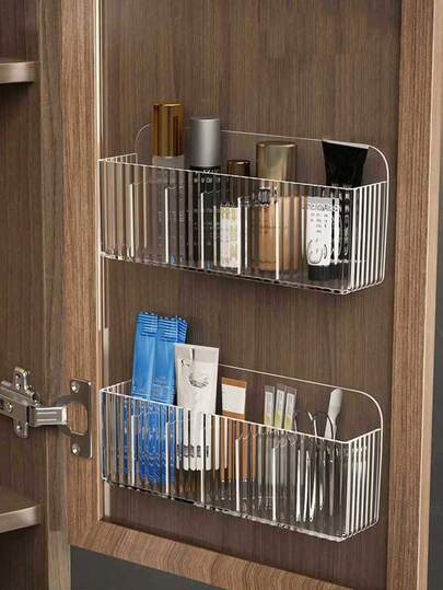 Ribbed Texture Acrylic Bathroom Organizer, Self-Adhesive Wall Shelf For Shower, Vanity, And Kitchen, Space-Saving Storage Solution For Toiletries, Skincare, And Small Items