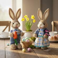 Easter Bunny Decoration Cute Straw Rabbit Figurines Table Centerpiece For Home Farmhouse Holiday Spring Party Tiered Tray Decor - 湖藍色 - 查看 4