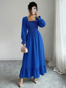 Spring Fall Square Neck Smocked Dress Women's Long Sleeve Trumpet Hem Ruffle Trim A-Line Casual Elegant Midi Dress - 寶藍色 - 查看 2